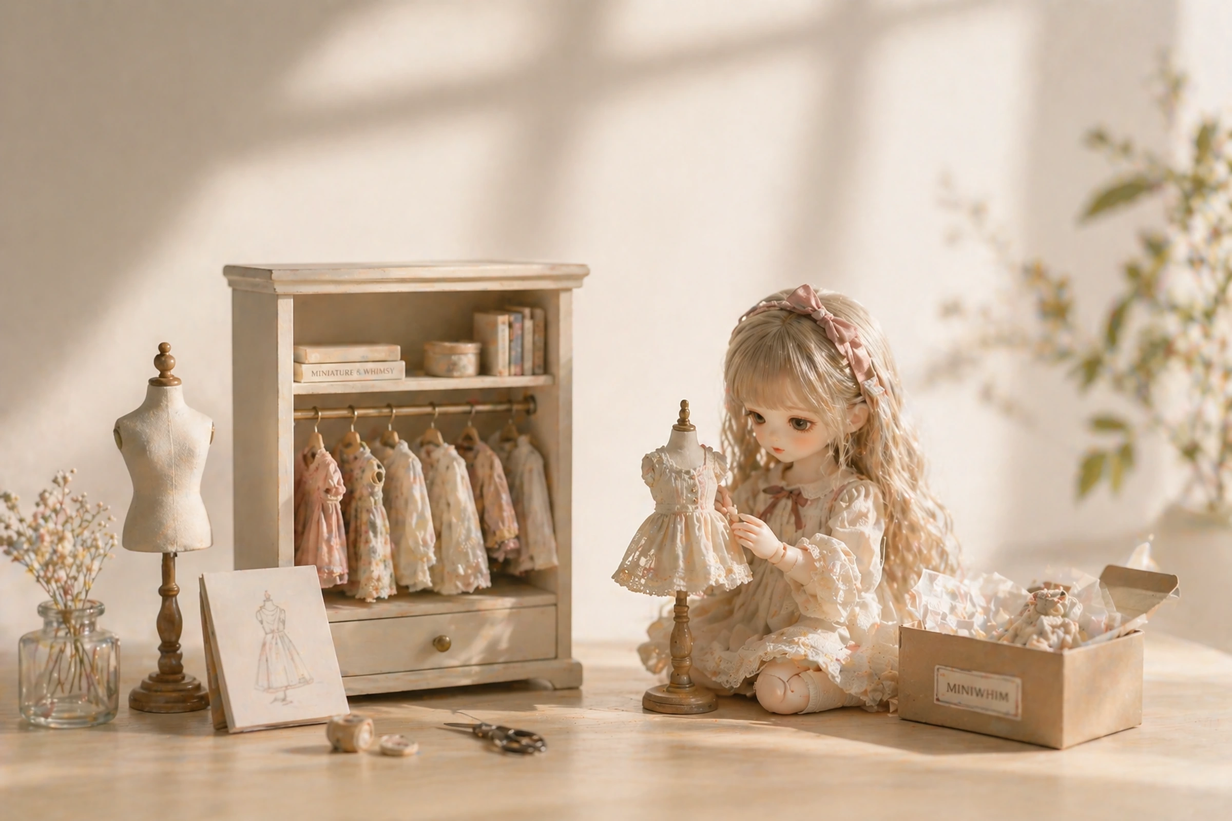 miniature doll atelier with tiny dresses and warm afternoon light